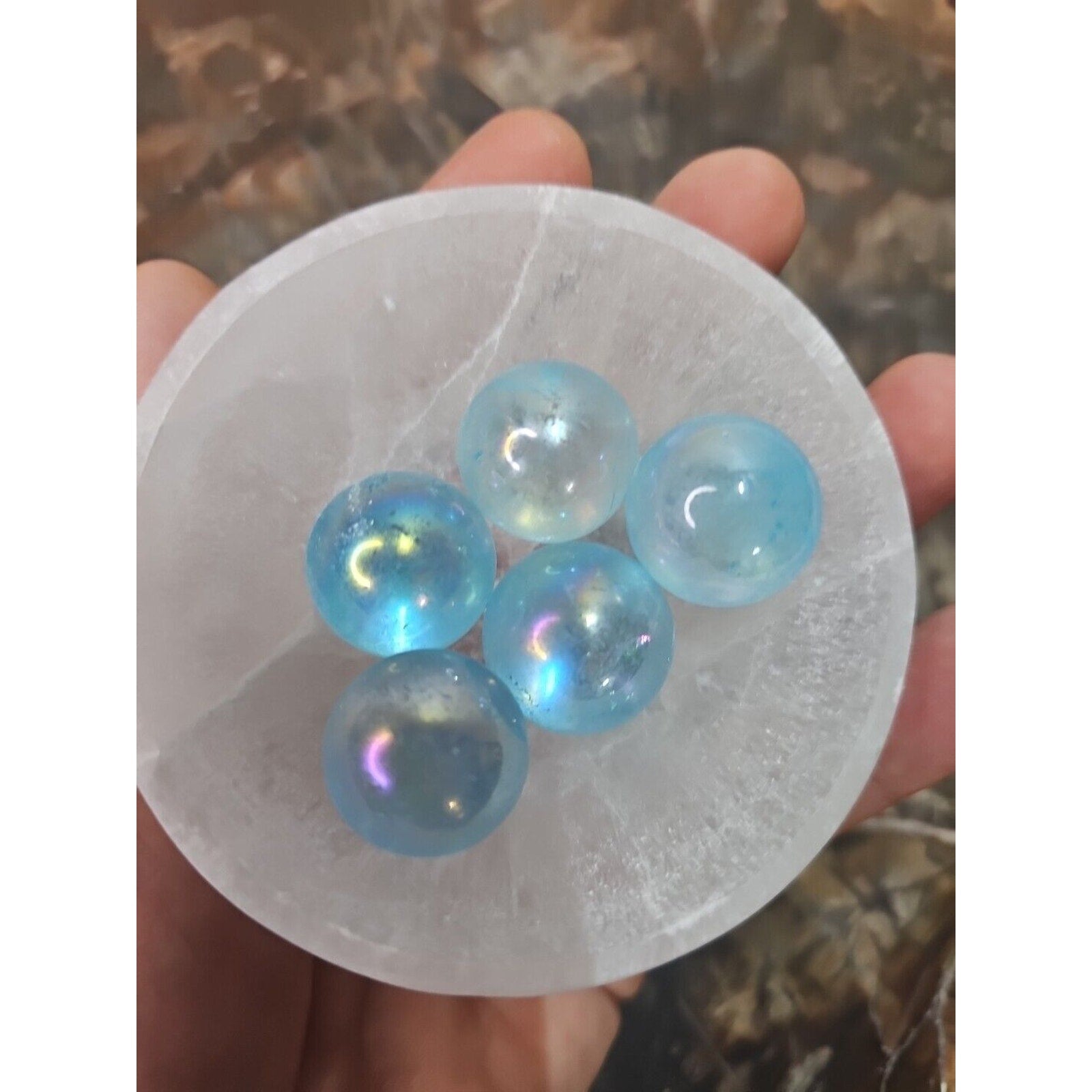 5Pcs 224g Blue Rainbow Aqua Aura Quartz Crystal Sphere Balls with Selenite Bowl