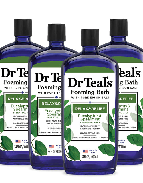 Load image into Gallery viewer, Dr Teal&#39;s Foaming Bath with Pure Epsom Salt, Relax &amp; Relief with Eucalyptus &amp; Spearmint, 34 fl oz (Pack of 4) (Packaging May Vary)
