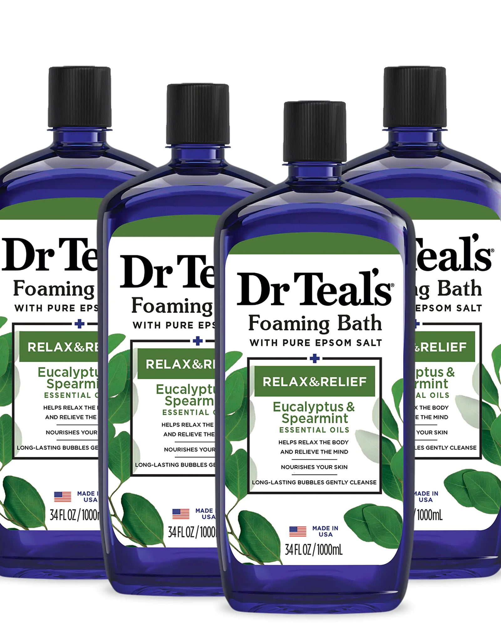 Dr Teal's Foaming Bath with Pure Epsom Salt, Relax & Relief with Eucalyptus & Spearmint, 34 fl oz (Pack of 4) (Packaging May Vary)