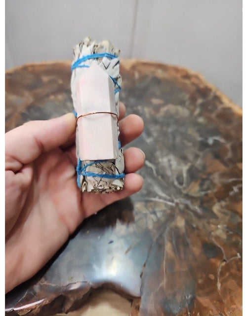 Load image into Gallery viewer, Sage wrapped crystal W/ Pink Opal Quartz Healing Tower
