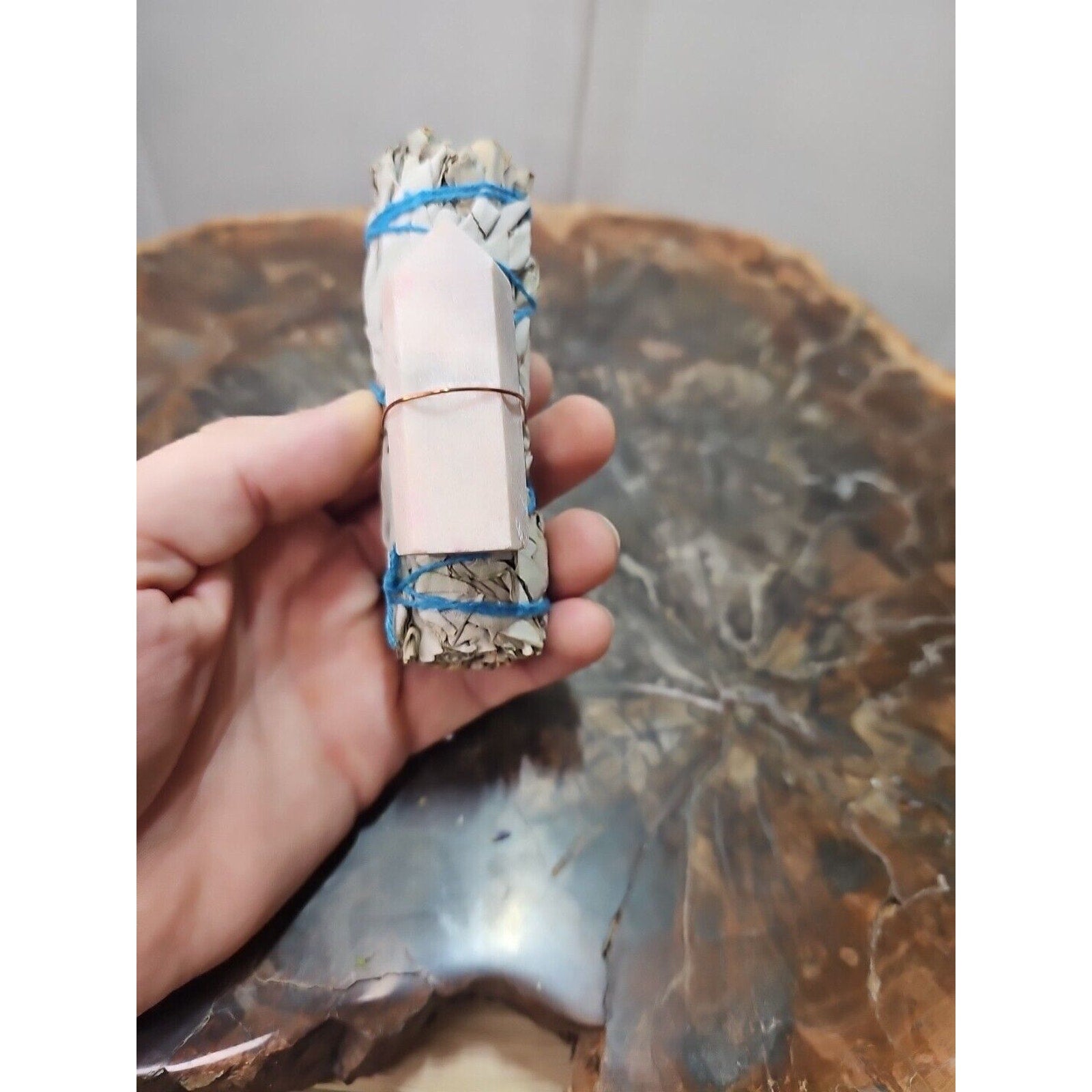 Sage wrapped crystal W/ Pink Opal Quartz Healing Tower