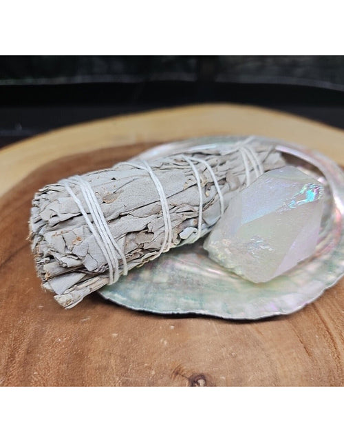Load image into Gallery viewer, Large Abalone Shell 5-6&quot;: Smudging Sage Sticks Display Sea Shell W/Quartz Point
