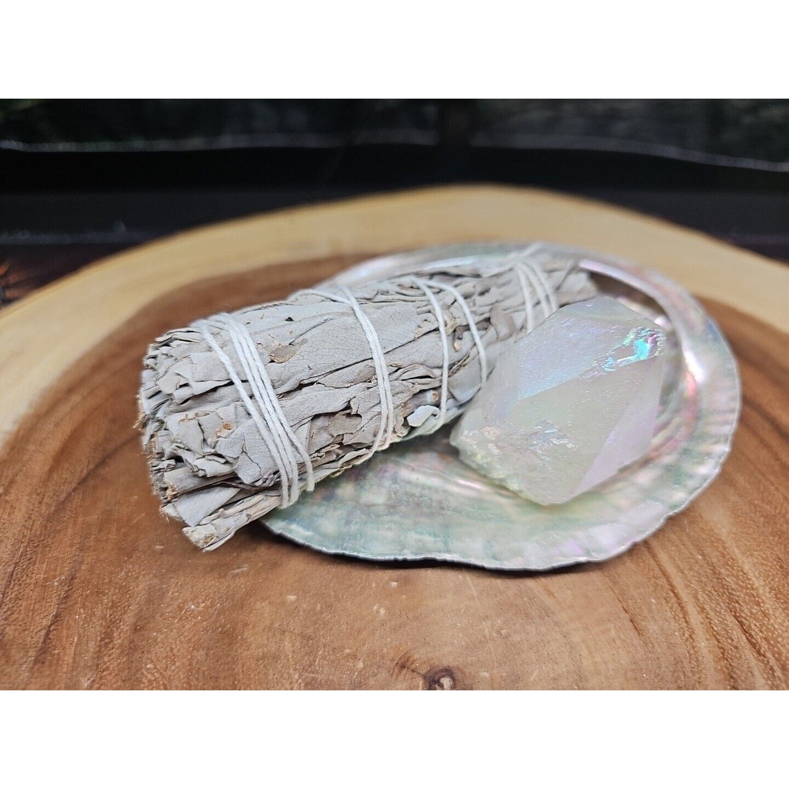 Large Abalone Shell 5-6": Smudging Sage Sticks Display Sea Shell W/Quartz Point