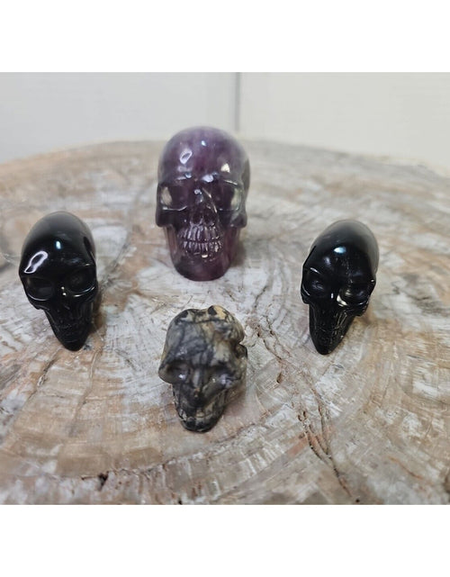 Load image into Gallery viewer, Natural Skull Lot of 5 Skulls: Spider Web Jaspers Fluorite Labrodite, Obsidian
