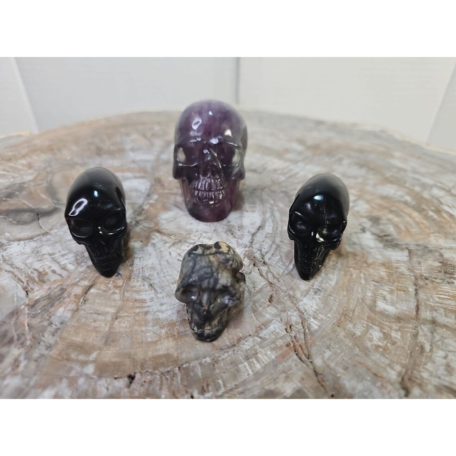 Natural Skull Lot of 5 Skulls: Spider Web Jaspers Fluorite Labrodite, Obsidian