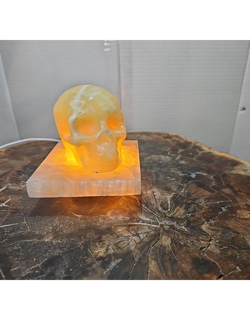 Load image into Gallery viewer, 2.17LB 2Pcs Natural Translucent Calcite Crystal Skull W/satin Spar Base &amp; Led
