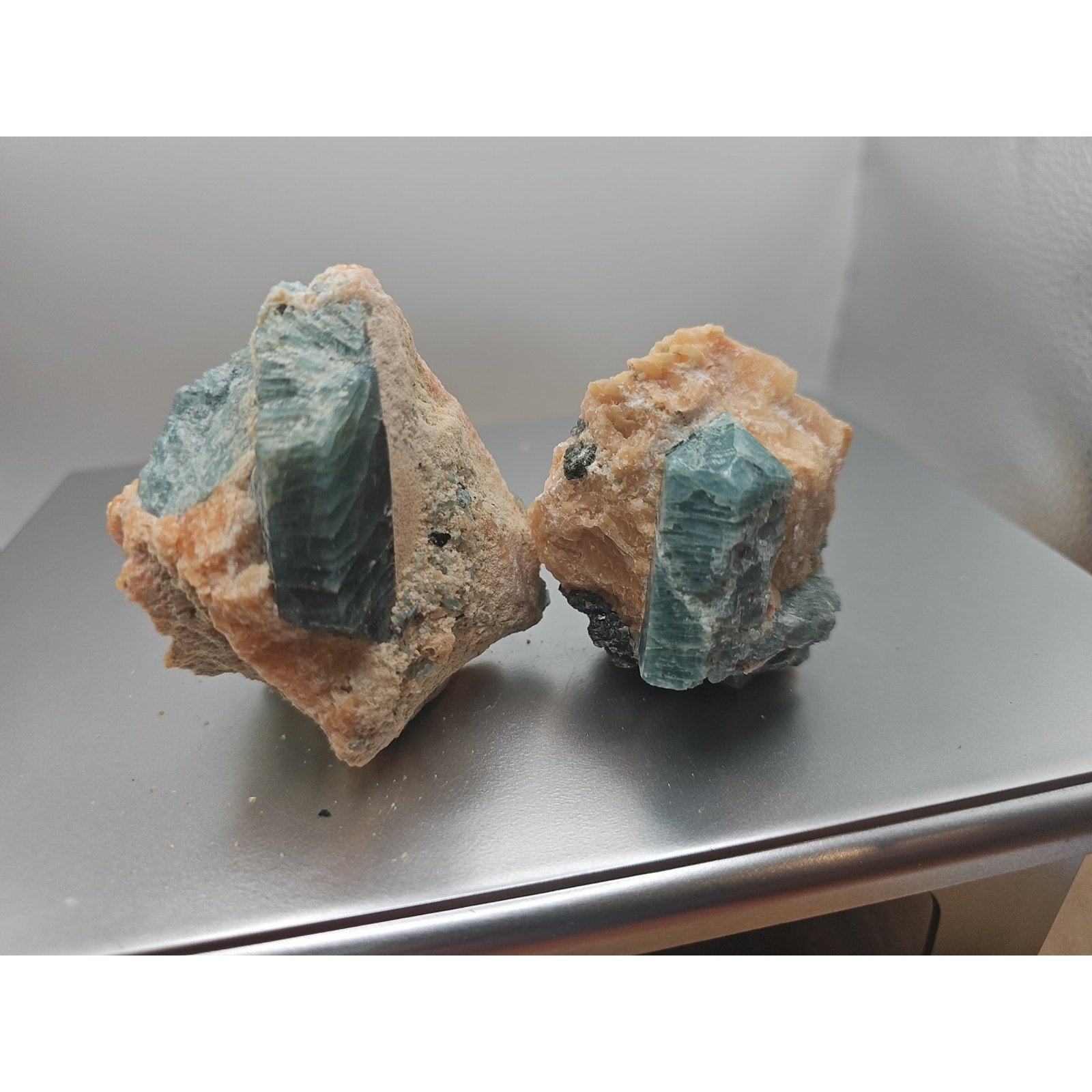 Fluorapatite On Orange Calcite 2pc Raw Specimen. 90lbs