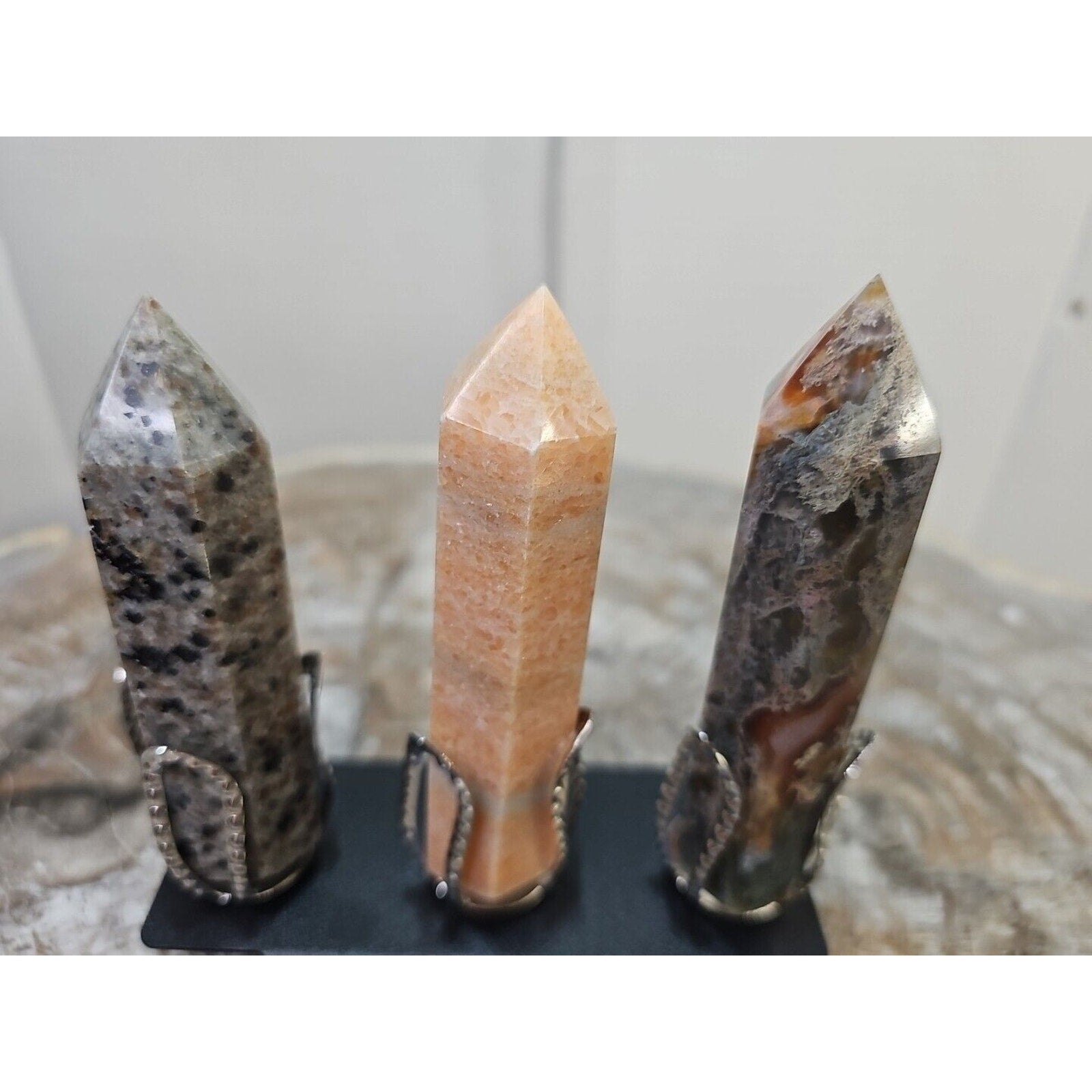 313g 3Pcs A Set Of Natural Quartz Crystal Jasper Point Tower Polished W/STAND