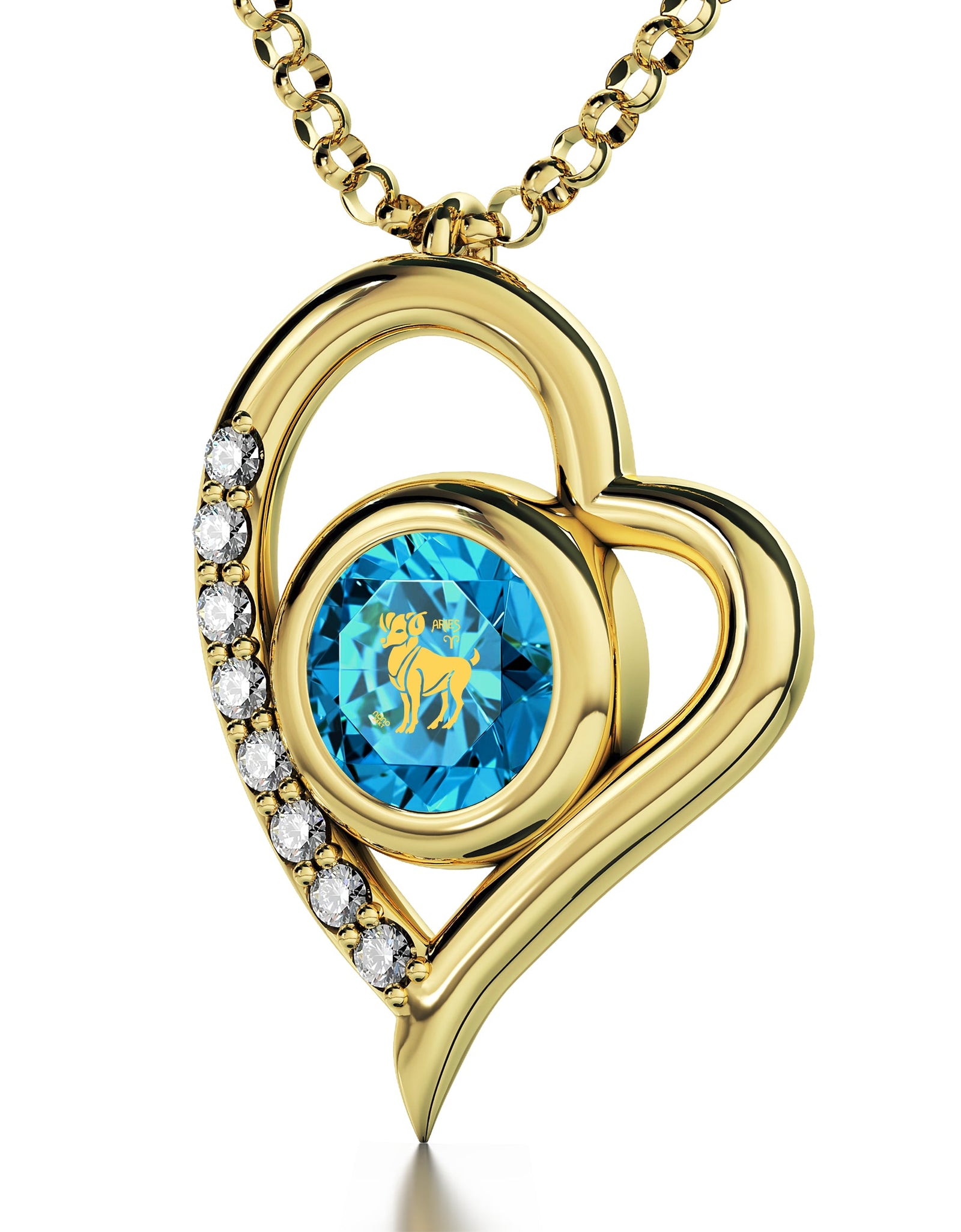 Gold Plated Silver Aries Necklace Zodiac Heart Pendant 24k Gold inscribed on Crystal