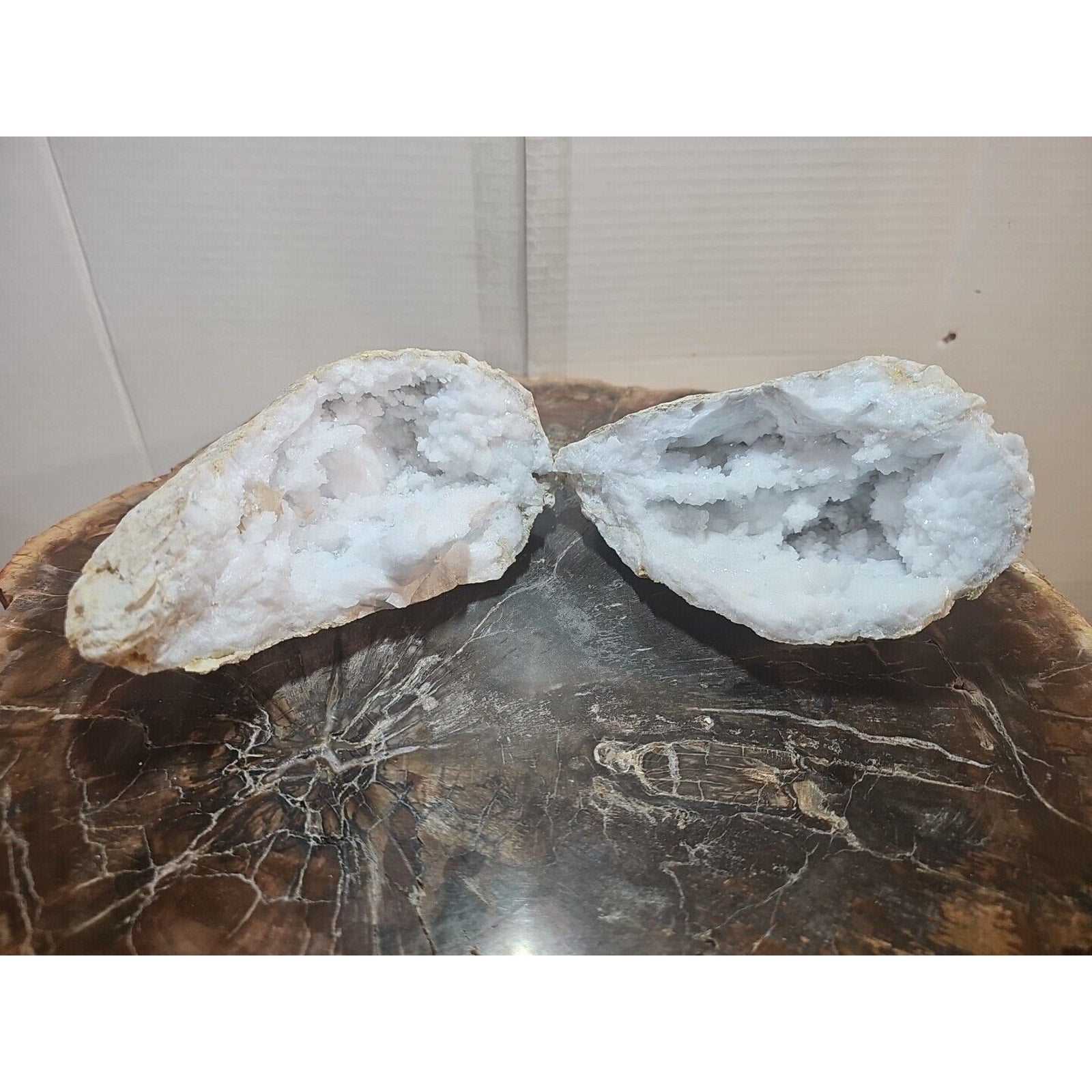 3.88lbs Large Pair Geode Crystal Moroccan Quartz W /Stand