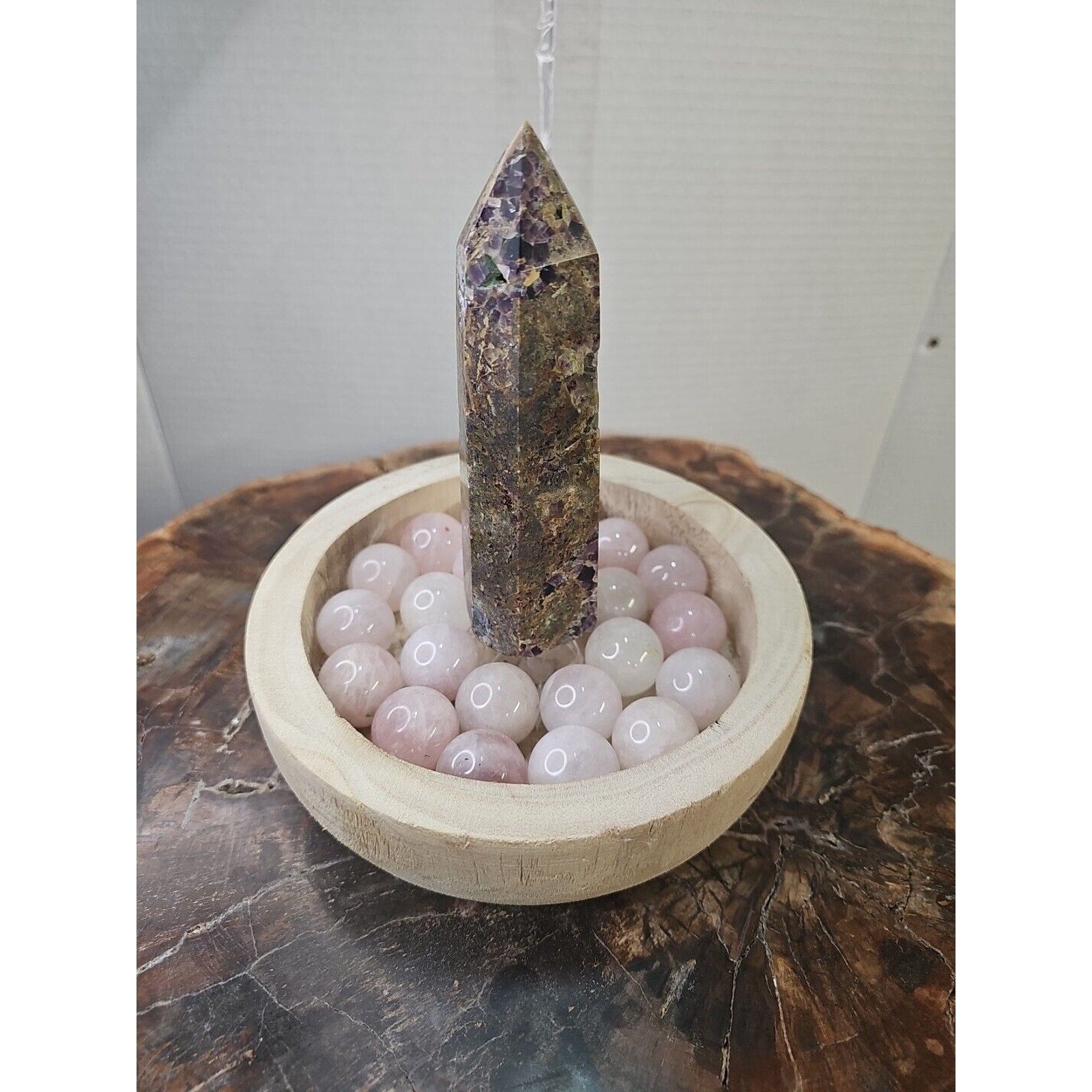 1.90LB 1Pcs Natural Purple Tower & 22 Rose Quartz Crystal Spheres W/wood Bowl