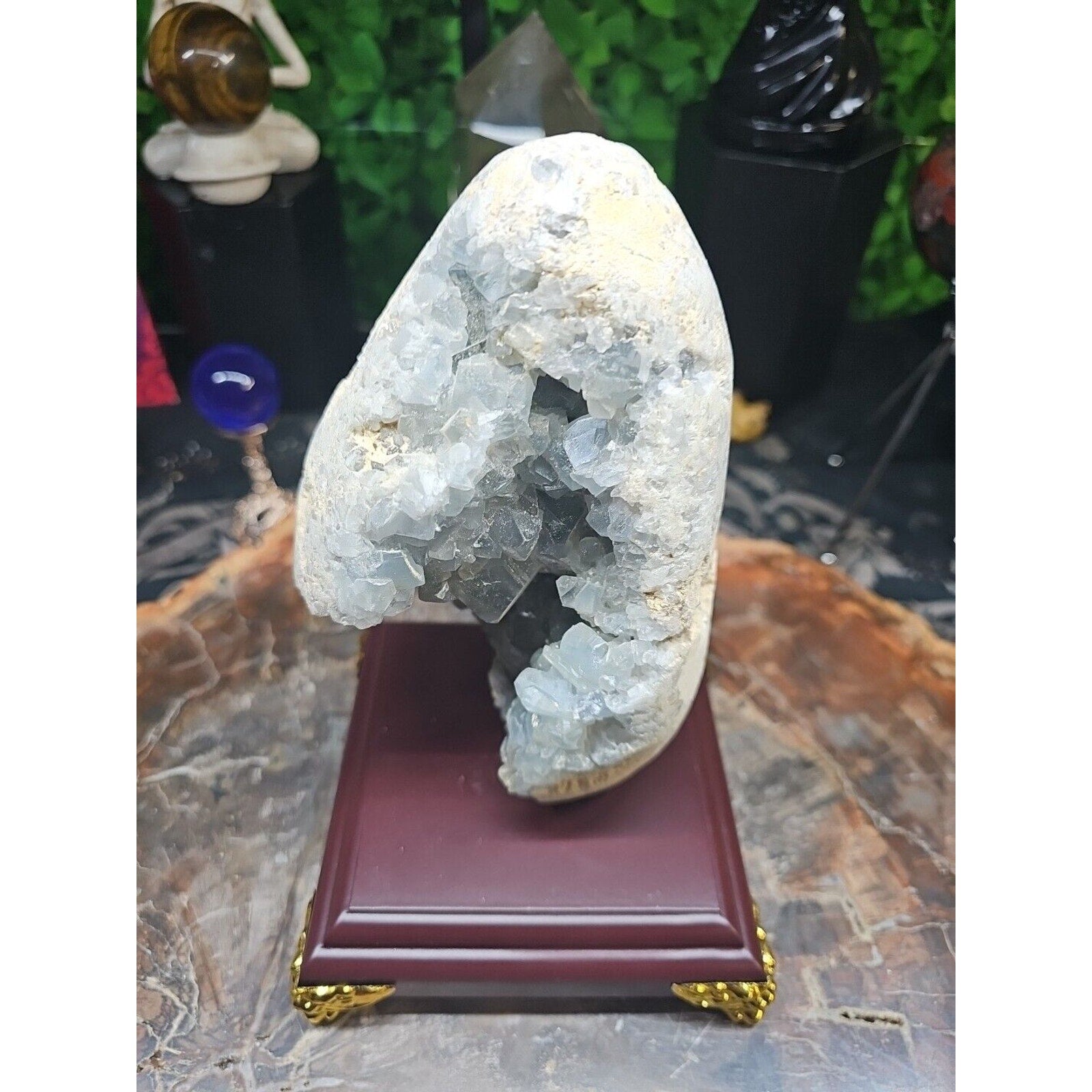 4.02LB Natural Beautiful Blue Celestite Crystal Geode W/ Stand