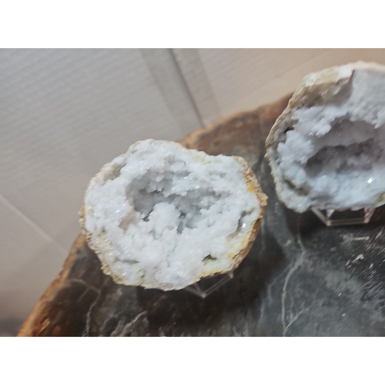 1.18lbs Pair Geode Crystal Moroccan Quartz W /Stands