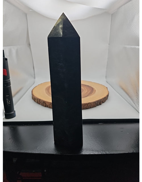 Load image into Gallery viewer, 4.3lb Arfvedsonite Garnet Blue Flashes Crystal Point Tower Polished
