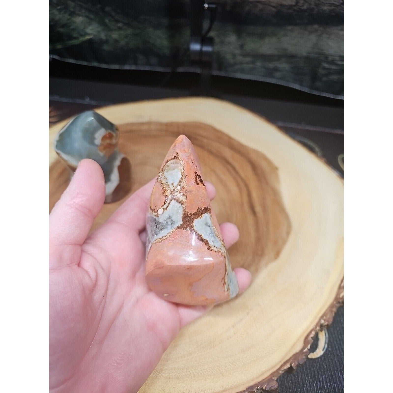 1.40LB 2Pcs Natural Polychrome Ocean Jasper Crystal Flame Point Carved Healing