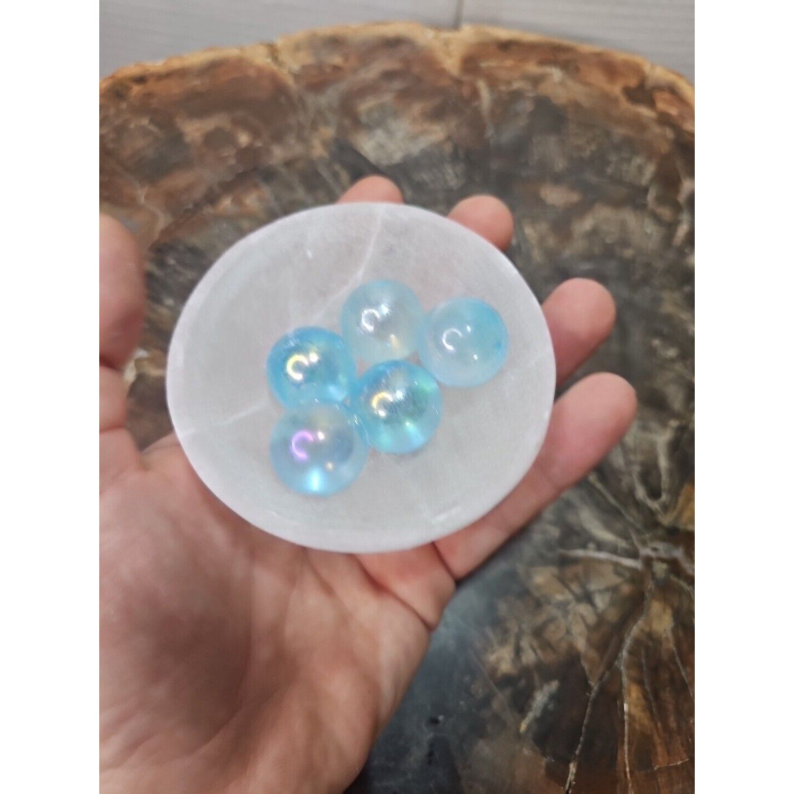 5Pcs 224g Blue Rainbow Aqua Aura Quartz Crystal Sphere Balls with Selenite Bowl