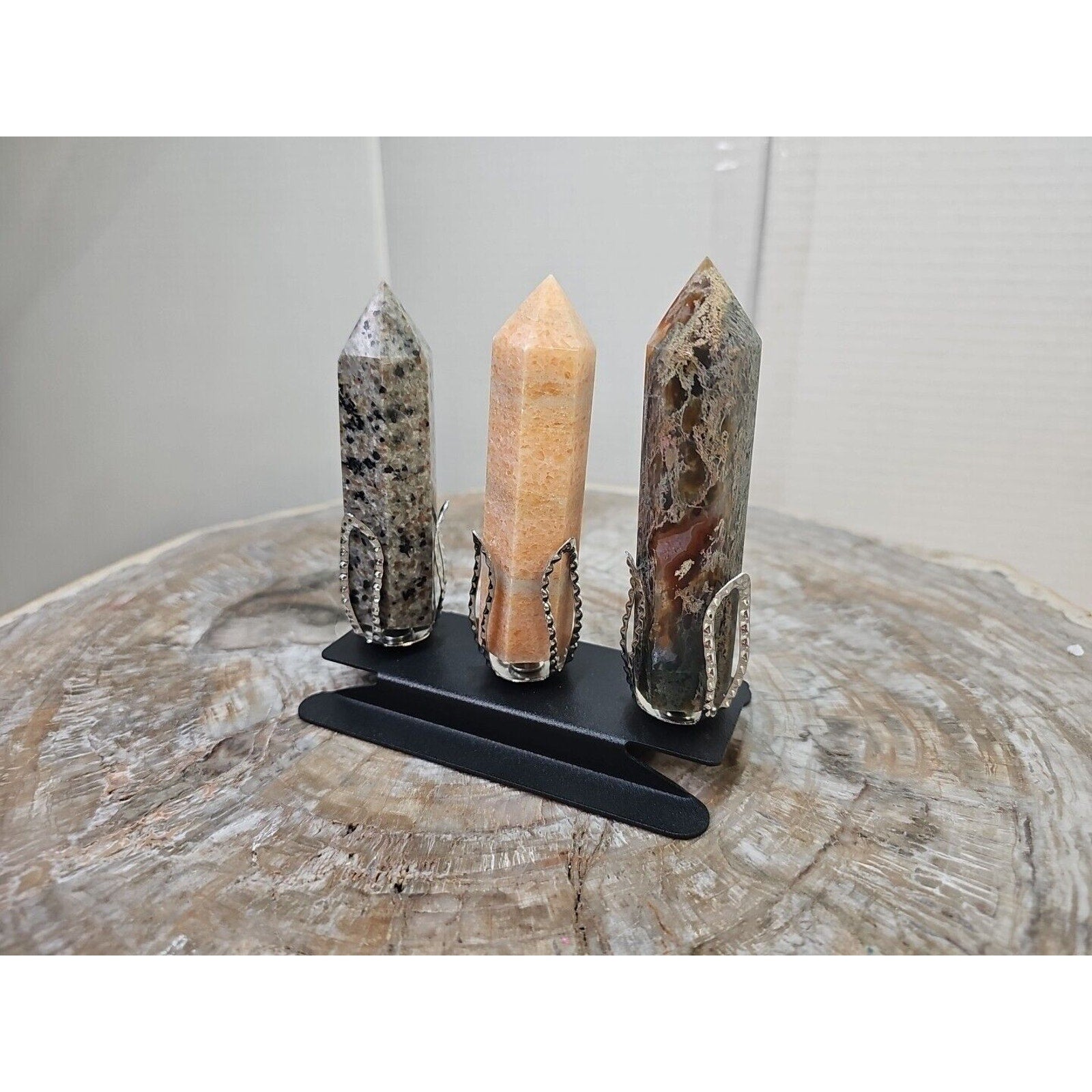 313g 3Pcs A Set Of Natural Quartz Crystal Jasper Point Tower Polished W/STAND