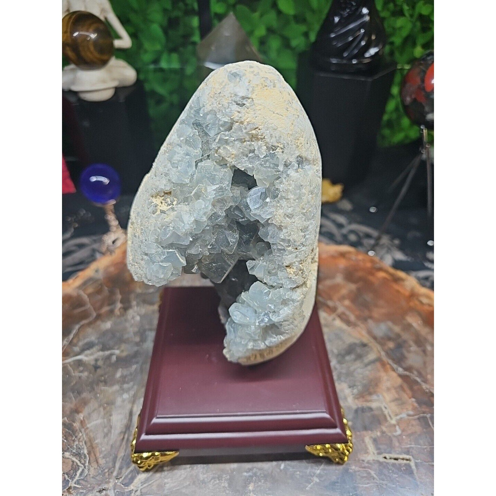 4.02LB Natural Beautiful Blue Celestite Crystal Geode W/ Stand