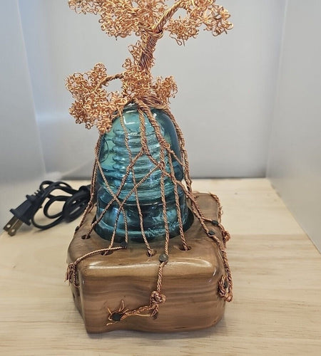 Copper Wire Bonsai Tree On Lighted Glass Insulator And Wood Base 10" Handcrafted