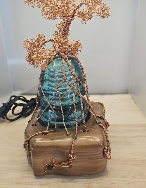 Load image into Gallery viewer, Copper Wire Bonsai Tree On Lighted Glass Insulator And Wood Base 10&quot; Handcrafted
