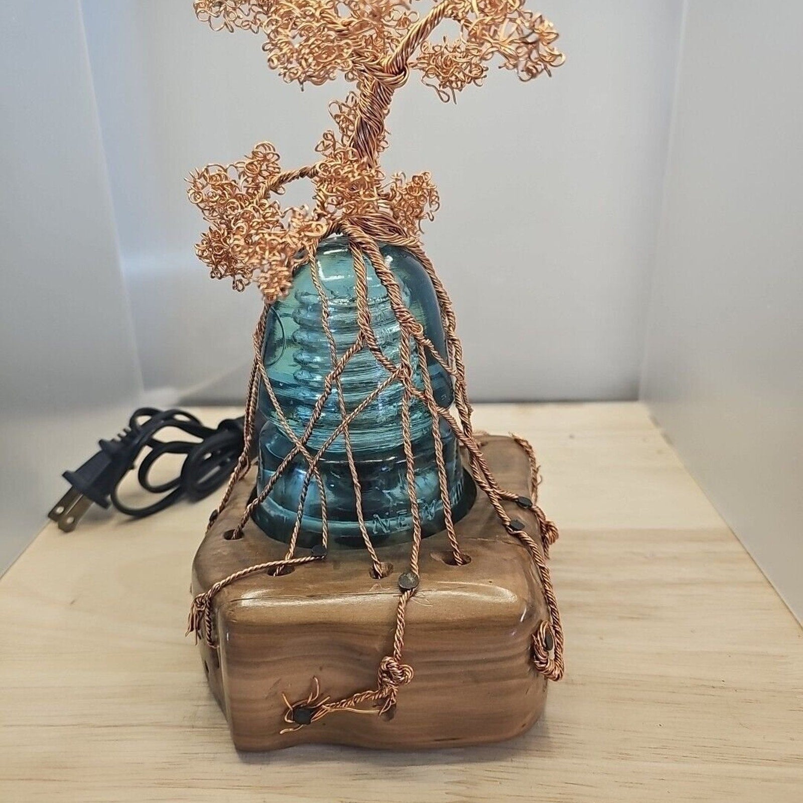 Copper Wire Bonsai Tree On Lighted Glass Insulator And Wood Base 10" Handcrafted