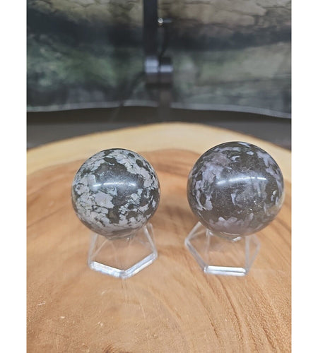 1 Pair Natural Black Flower of Fog Jasper Quartz Crystal Sphere W/stands 40mm