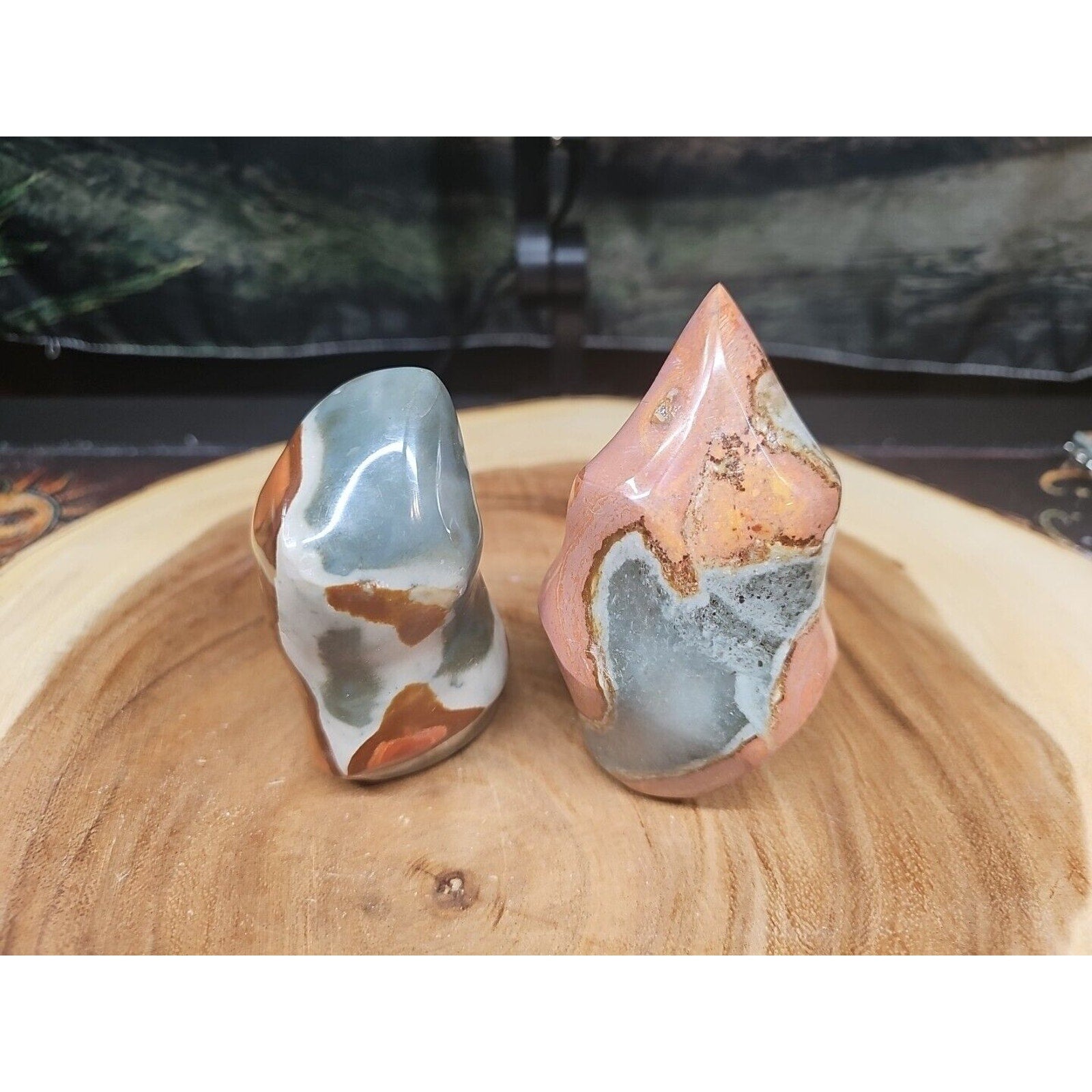 1.40LB 2Pcs Natural Polychrome Ocean Jasper Crystal Flame Point Carved Healing