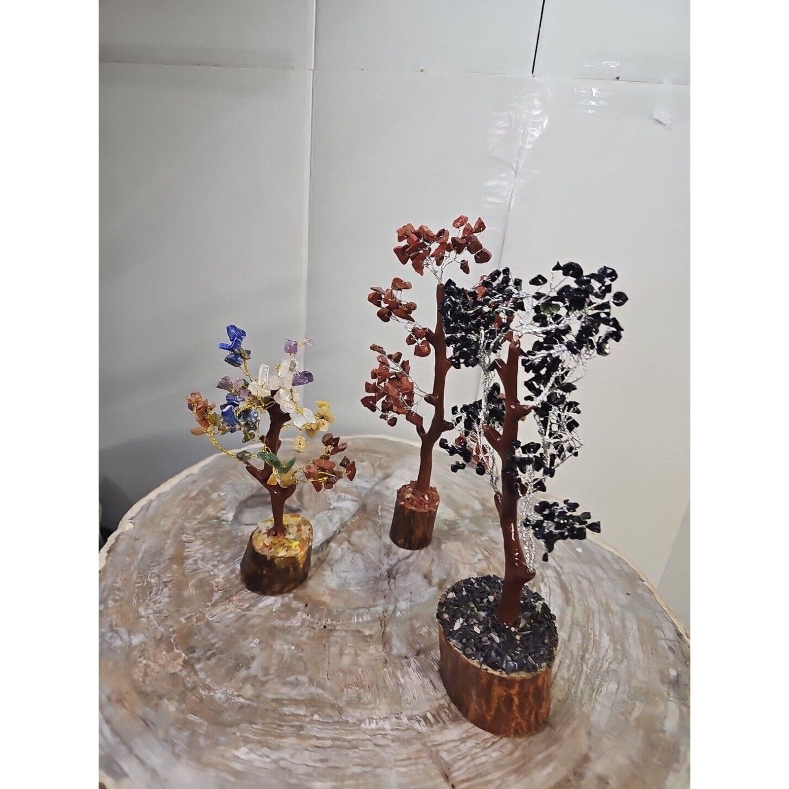 3 Pcs 300 Carnelian+Amethyst+Crystal Gemstones Golden Branches Bonsai Tree