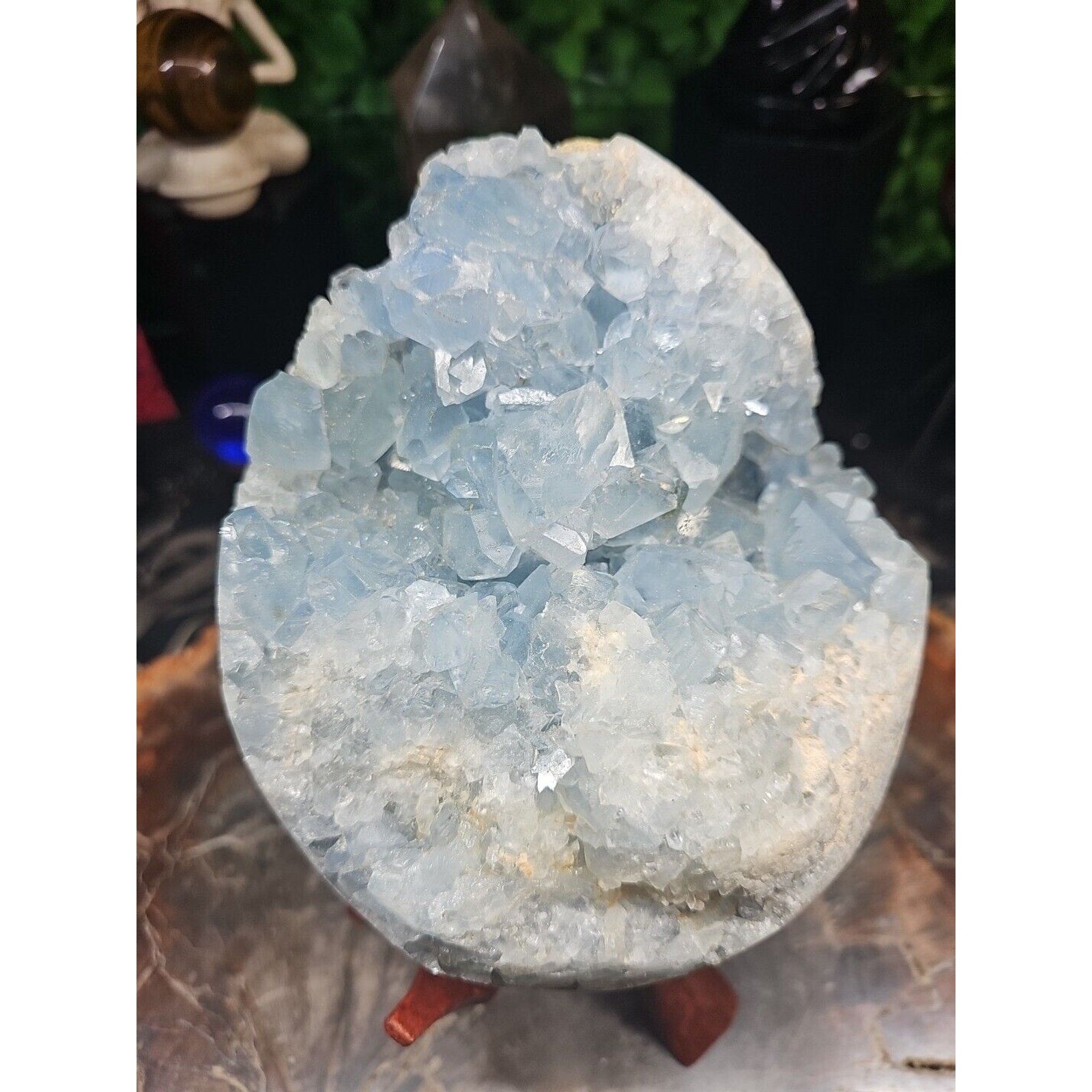 10.45LB Natural Beautiful Blue Celestite Crystal Geode W/ Stand