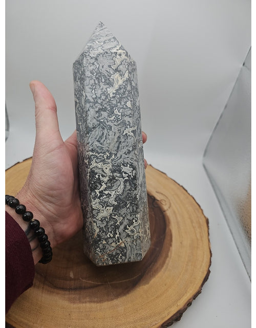 Load image into Gallery viewer, 3.91LB 1Pcs Natural Gray Crazy Lace Jasper Crystal Point Tower Healing
