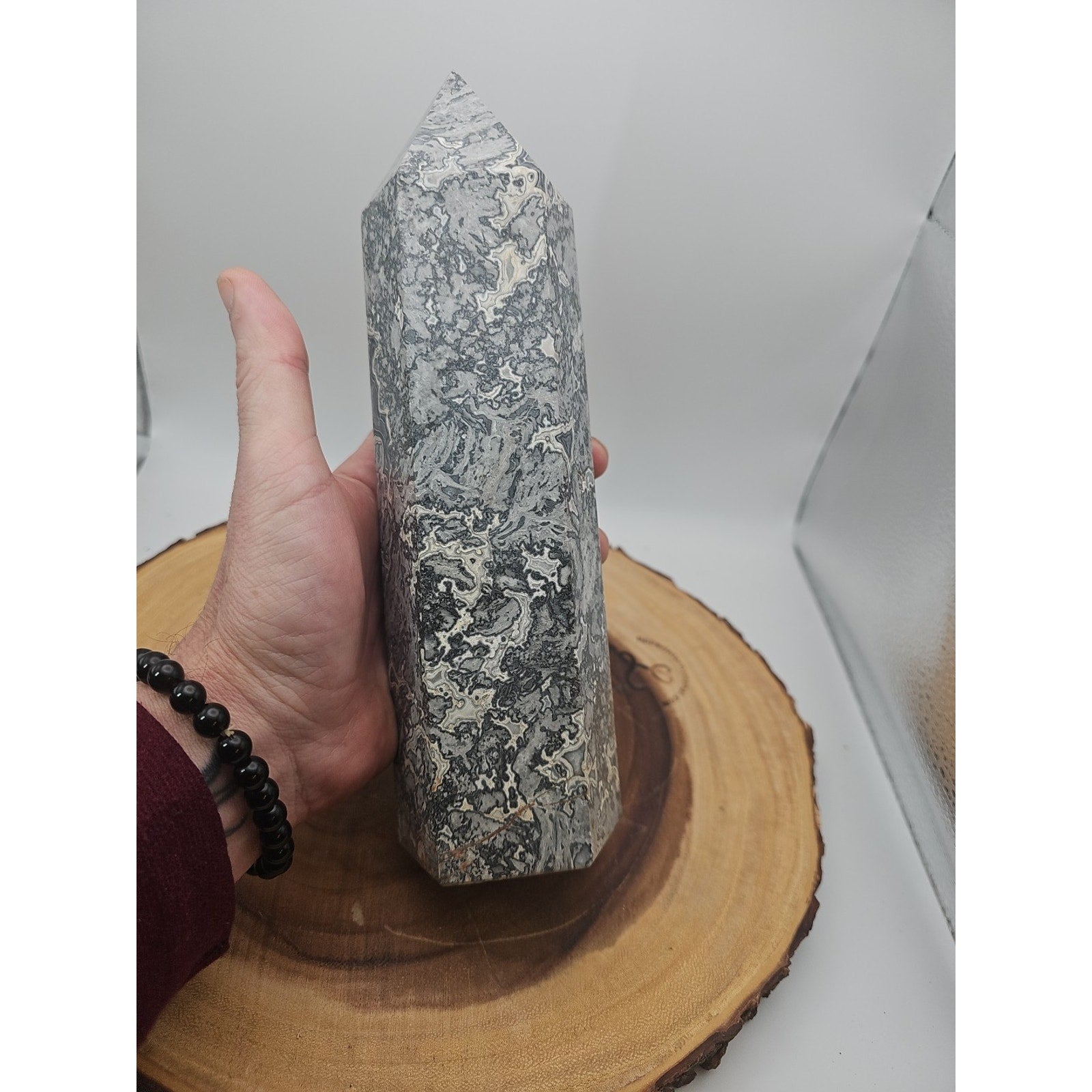 3.91LB 1Pcs Natural Gray Crazy Lace Jasper Crystal Point Tower Healing
