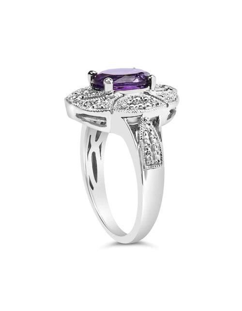 Load image into Gallery viewer, .925 Sterling Silver 9x7mm Oval Purple Amethyst and Round Diamond Accent Fashion Cocktail Ring (I-J Color, I1-I2 Clarity)
