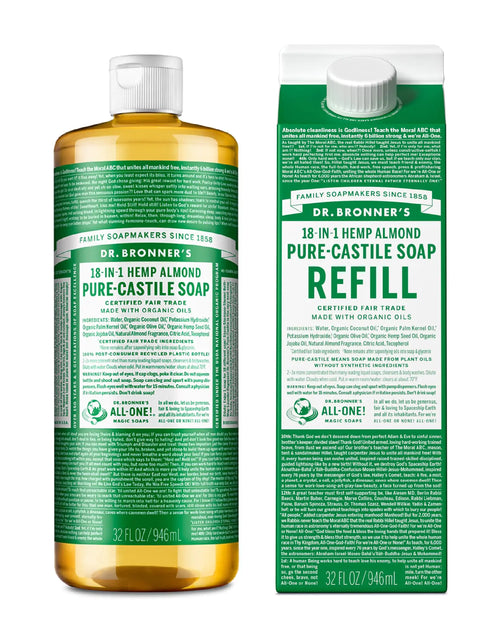 Load image into Gallery viewer, Dr. Bronner&#39;s - Pure-Castile Liquid Soap Bottle &amp; Refill Carton Made with 82% Less Plastic (Almond, 32 oz) - Face, Body, Hair, Laundry, Dishes &amp; More, Super-Concentrated, Organic, Vegan, Non-GMO Almond
