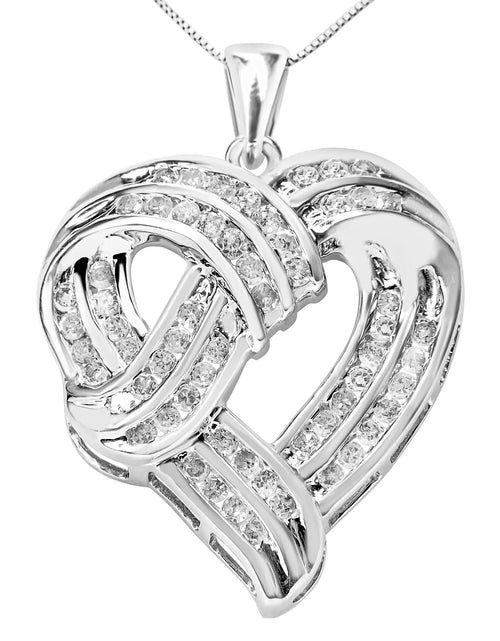 Load image into Gallery viewer, .925 Sterling Silver 1 1/4 Cttw Round Diamond Openwork Ribbon Weave Heart Pendant 18&quot; Necklace (I-J Color, I3 Clarity)
