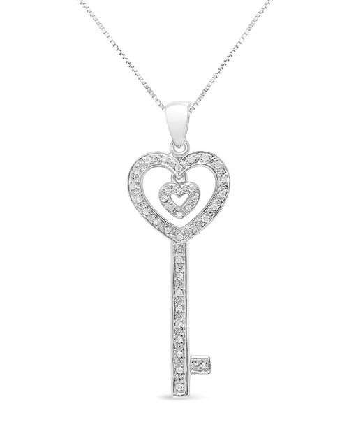 Load image into Gallery viewer, .925 Sterling Silver 1/5 Cttw Round-Cut Diamond Double Heart &amp; Key 18&quot; Pendant Necklace (I-J Color, I3 Clarity)
