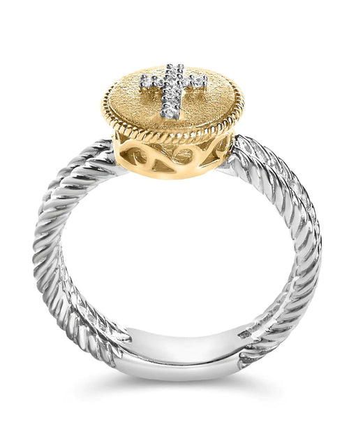 Load image into Gallery viewer, 18K Yellow Gold Plated .925 Sterling Silver Diamond Cross Ring with Satin Finish (I-J Color, SI1-SI2 Clarity)
