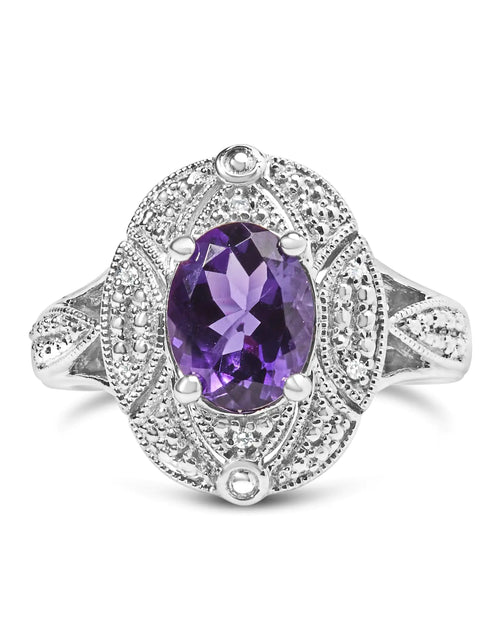 Load image into Gallery viewer, .925 Sterling Silver 9x7mm Oval Purple Amethyst and Round Diamond Accent Fashion Cocktail Ring (I-J Color, I1-I2 Clarity)
