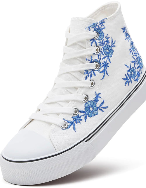 Load image into Gallery viewer, ZGR Womens High Top Canvas Sneakers,Lace-up Canvas Shoes,Casual Tennis Walking Shoes 7.5 Blue&amp;white Embroidery
