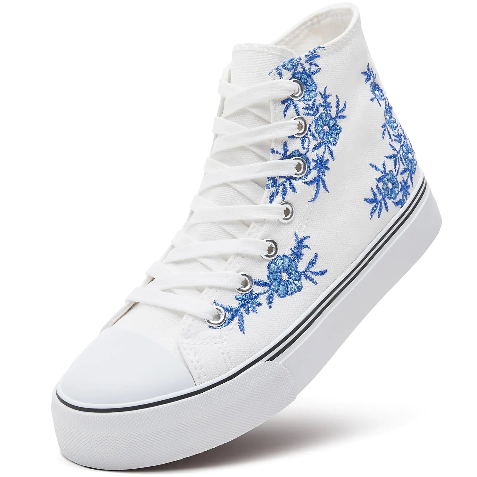 ZGR Womens High Top Canvas Sneakers,Lace-up Canvas Shoes,Casual Tennis Walking Shoes 7.5 Blue&white Embroidery