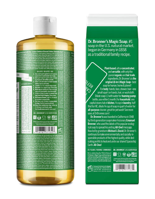 Load image into Gallery viewer, Dr. Bronner&#39;s - Pure-Castile Liquid Soap Bottle &amp; Refill Carton Made with 82% Less Plastic (Almond, 32 oz) - Face, Body, Hair, Laundry, Dishes &amp; More, Super-Concentrated, Organic, Vegan, Non-GMO Almond
