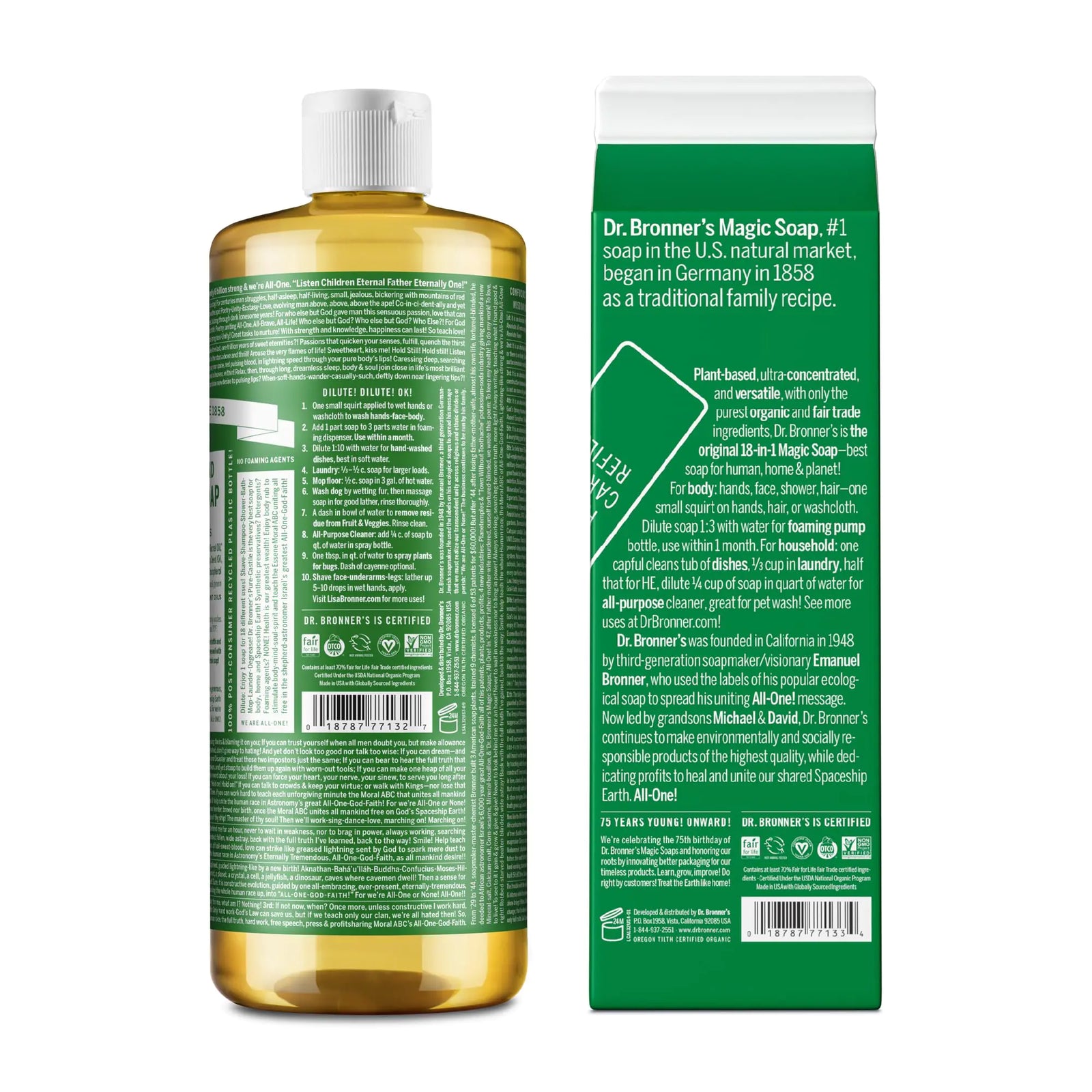 Dr. Bronner's - Pure-Castile Liquid Soap Bottle & Refill Carton Made with 82% Less Plastic (Almond, 32 oz) - Face, Body, Hair, Laundry, Dishes & More, Super-Concentrated, Organic, Vegan, Non-GMO Almond