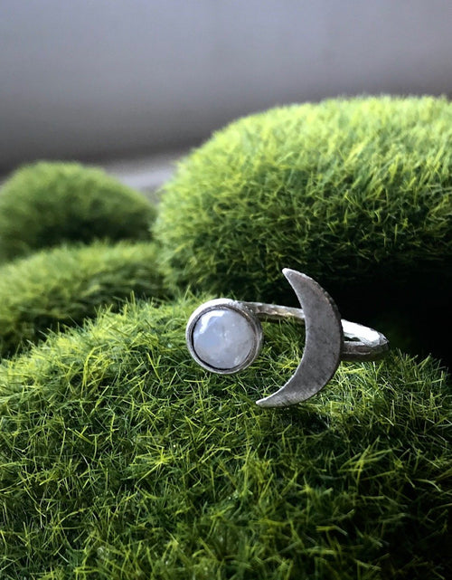 Load image into Gallery viewer, Moon Goddess Ring - Crescent Moon with Rainbow Moonstone
