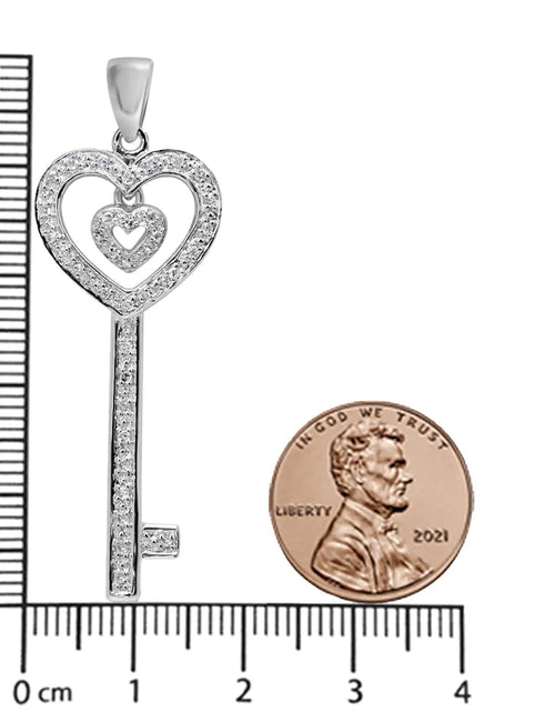 Load image into Gallery viewer, .925 Sterling Silver 1/5 Cttw Round-Cut Diamond Double Heart &amp; Key 18&quot; Pendant Necklace (I-J Color, I3 Clarity)
