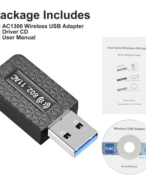 Load image into Gallery viewer, 1300Mbps USB3.0 Wireless WiFi Adapter Dongle Dual Band 5G/2.4G Desktop Laptop PC
