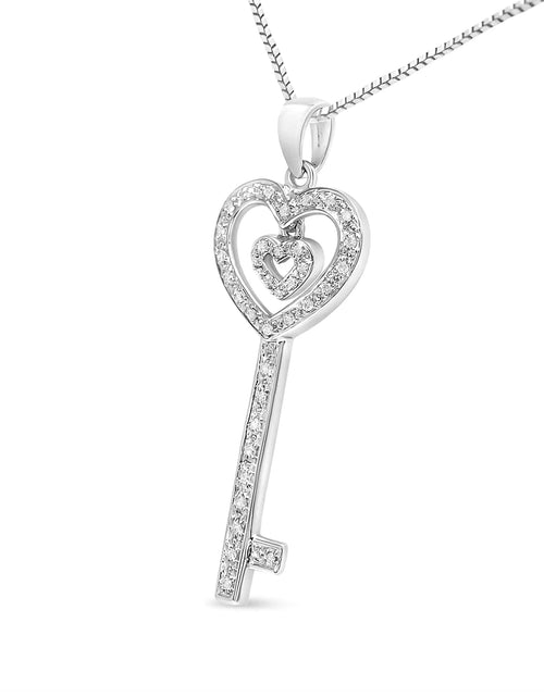 Load image into Gallery viewer, .925 Sterling Silver 1/5 Cttw Round-Cut Diamond Double Heart &amp; Key 18&quot; Pendant Necklace (I-J Color, I3 Clarity)
