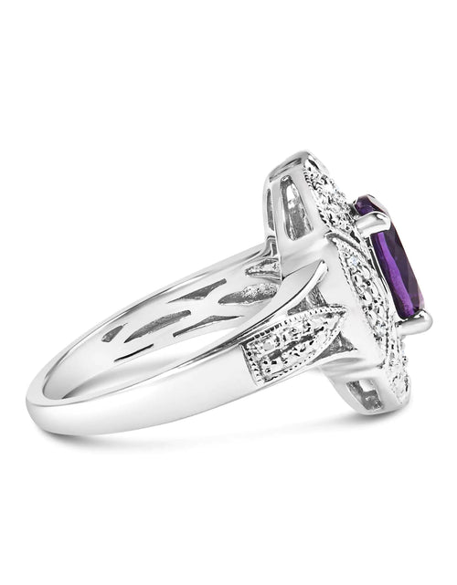 Load image into Gallery viewer, .925 Sterling Silver 9x7mm Oval Purple Amethyst and Round Diamond Accent Fashion Cocktail Ring (I-J Color, I1-I2 Clarity)
