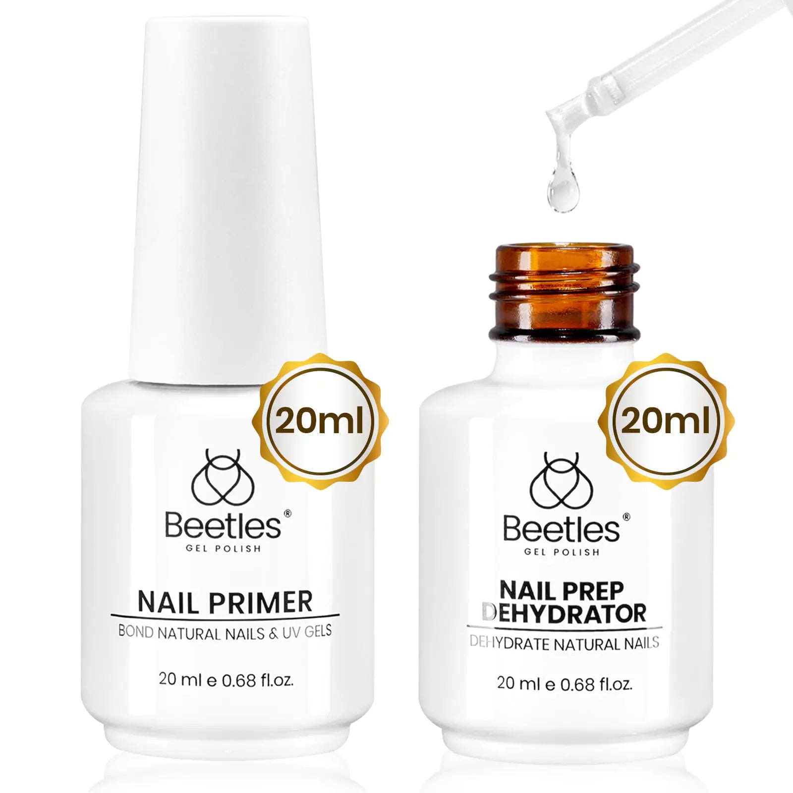 Beetles 20ml Nail Dehydrator and Primer, Large Capacity Acid Free Natural Nail Prep Dehydrate and Primer, Acrylic Nail Dehydrator and Primer for UV Gels Superior Nail Bond Professional Salons Set 0-0-20ml Nail Dehydrator and Primer Kit