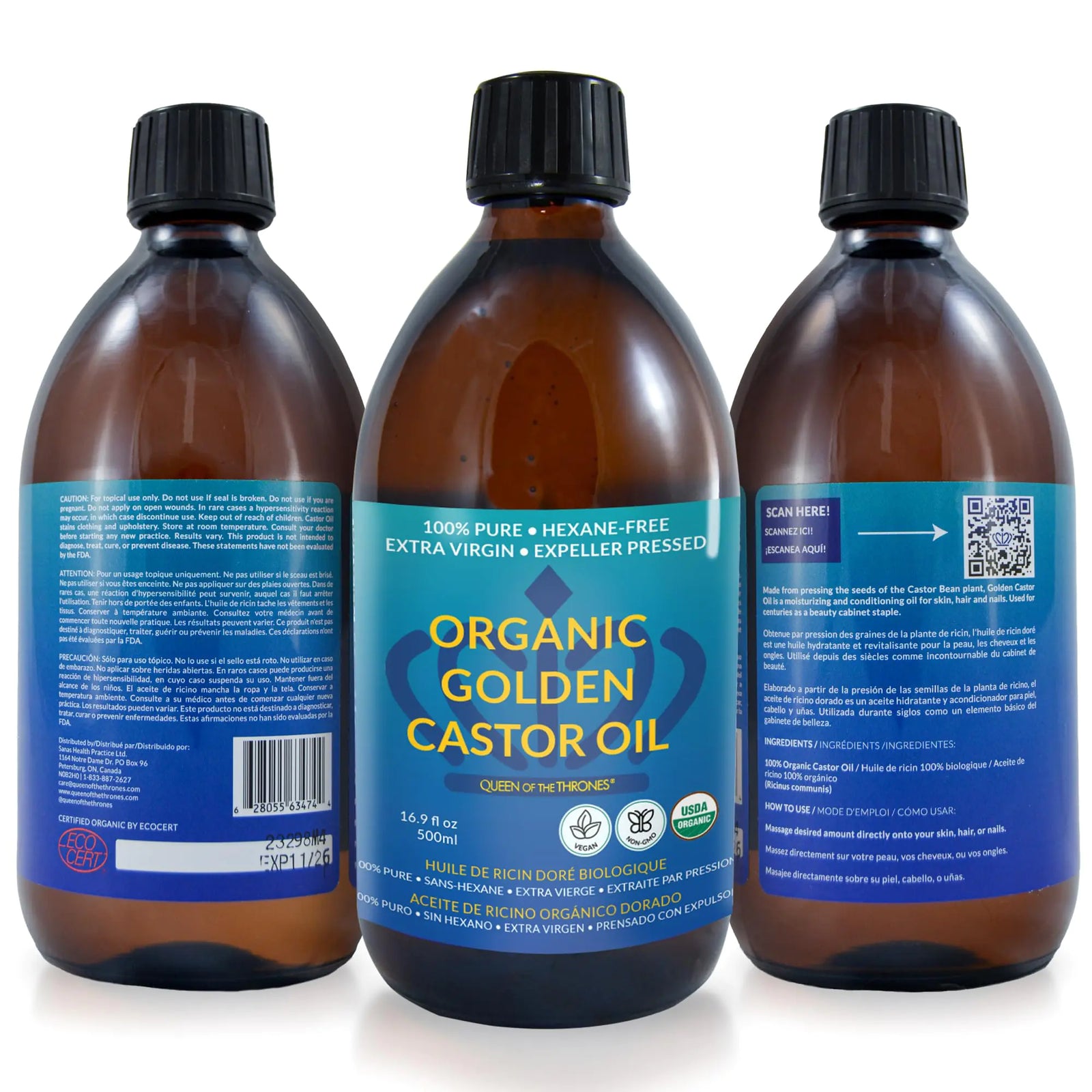 QUEEN OF THE THRONES Organic Golden Castor Oil - 500mL (16.9oz) | 100% Pure & Expeller-Pressed for Hair, Skin & Digestion | Hexane Free | USDA Certified 16.9 Fl Oz (Pack of 1)