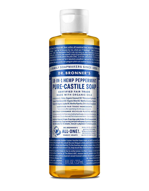 Load image into Gallery viewer, Dr. Bronner&#39;s - Pure-Castile Liquid Soap (Peppermint, 8 ounce) - Made with Organic Oils, 18-in-1 Uses: Face, Body, Hair, Laundry, Pets and Dishes, Concentrated, Vegan, Non-GMO
