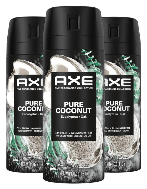 Load image into Gallery viewer, AXE Fine Fragrance Collection Premium Deodorant Body Spray for Men Pure Coconut 3 Count with 72H Odor Protection and Freshness Infused with Coconut, Eucalyptus, and Oak Essential Oils 4 oz 4 Ounce (Pack of 3)
